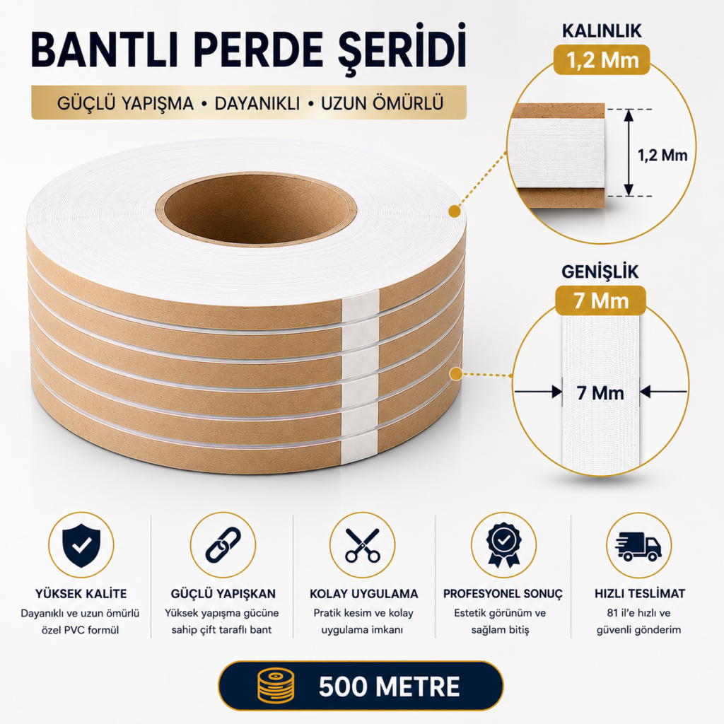500 Metre Slim Seri Bantlı Perde Şeridi 1,2×7 mm